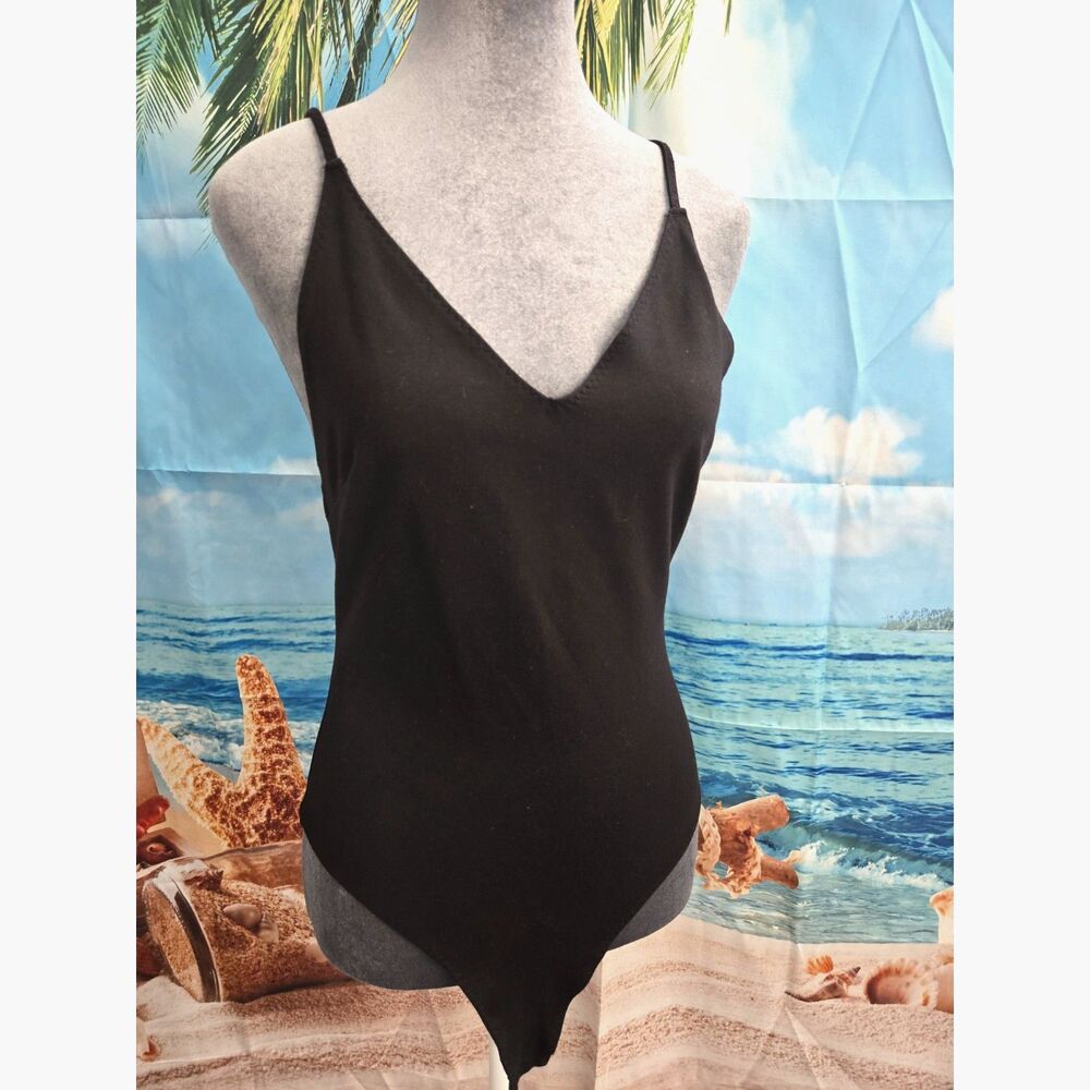 Shinestar Black Deep V-Neck Spaghetti Strap Bodysuit Size M